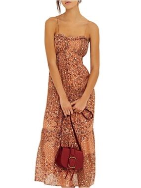 ba&sh Terra Cotta Floral Maxi Slip Dress with Spaghetti Straps